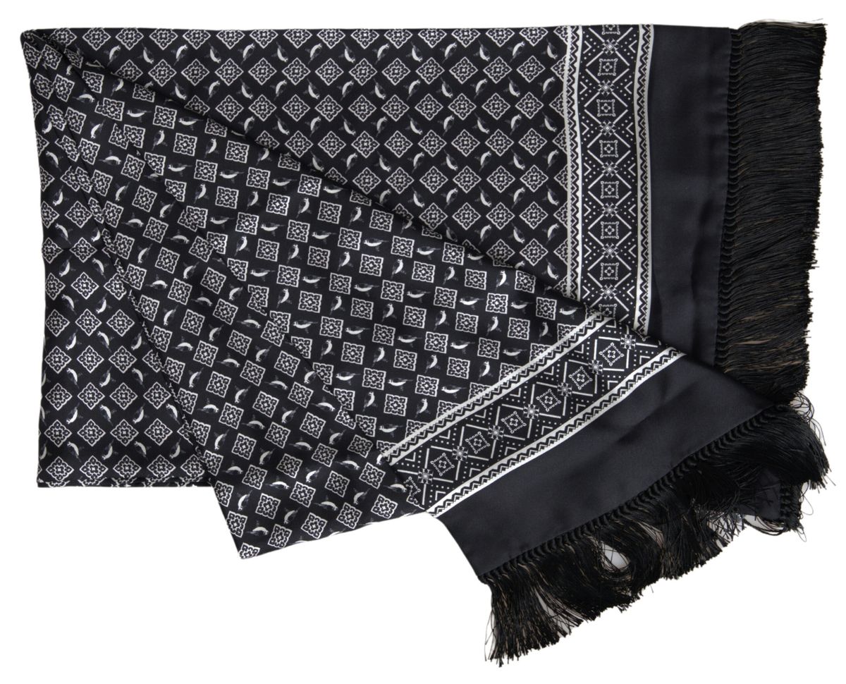 Black Patterned Silk Wrap Shawl Fringe Scarf