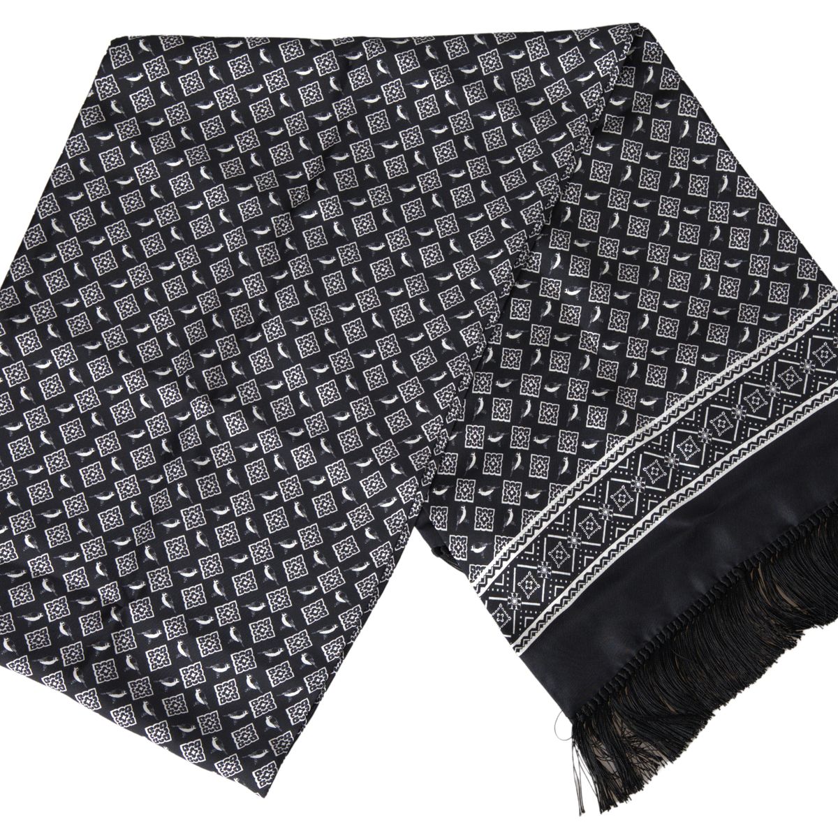 Black Patterned Silk Wrap Shawl Fringe Scarf