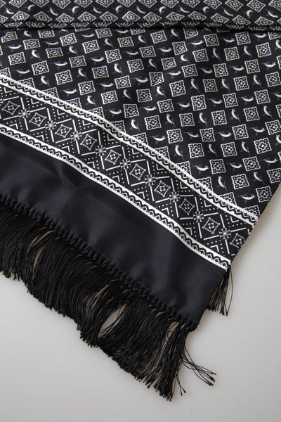 Black Patterned Silk Wrap Shawl Fringe Scarf