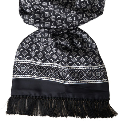 Black Patterned Silk Wrap Shawl Fringe Scarf