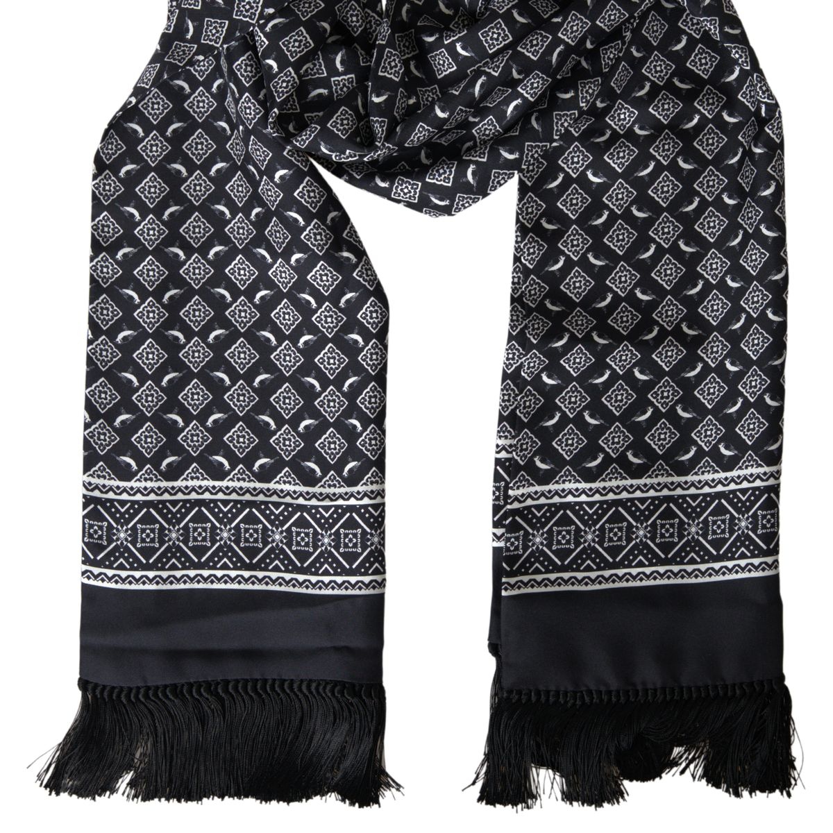 Black Patterned Silk Wrap Shawl Fringe Scarf