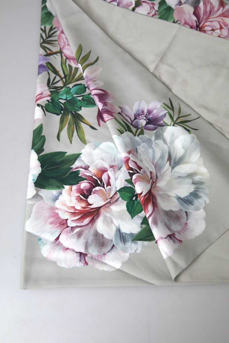 Silver Floral Silk Shawl Foulard Wrap Scarf