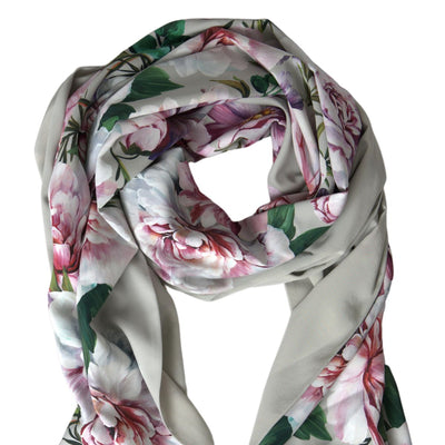 Silver Floral Silk Shawl Foulard Wrap Scarf