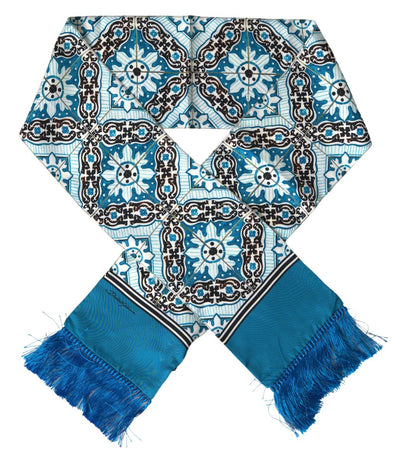 Blue Patterned Silk Neck Wrap Fringe Scarf