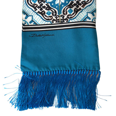 Blue Patterned Silk Neck Wrap Fringe Scarf