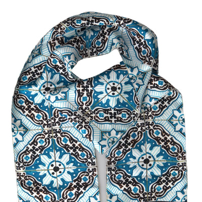 Blue Patterned Silk Neck Wrap Fringe Scarf