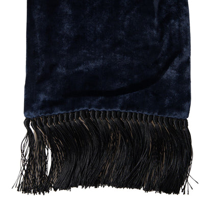 Dark Blue Velvet Silk Neck Wrap Fringe Scarf