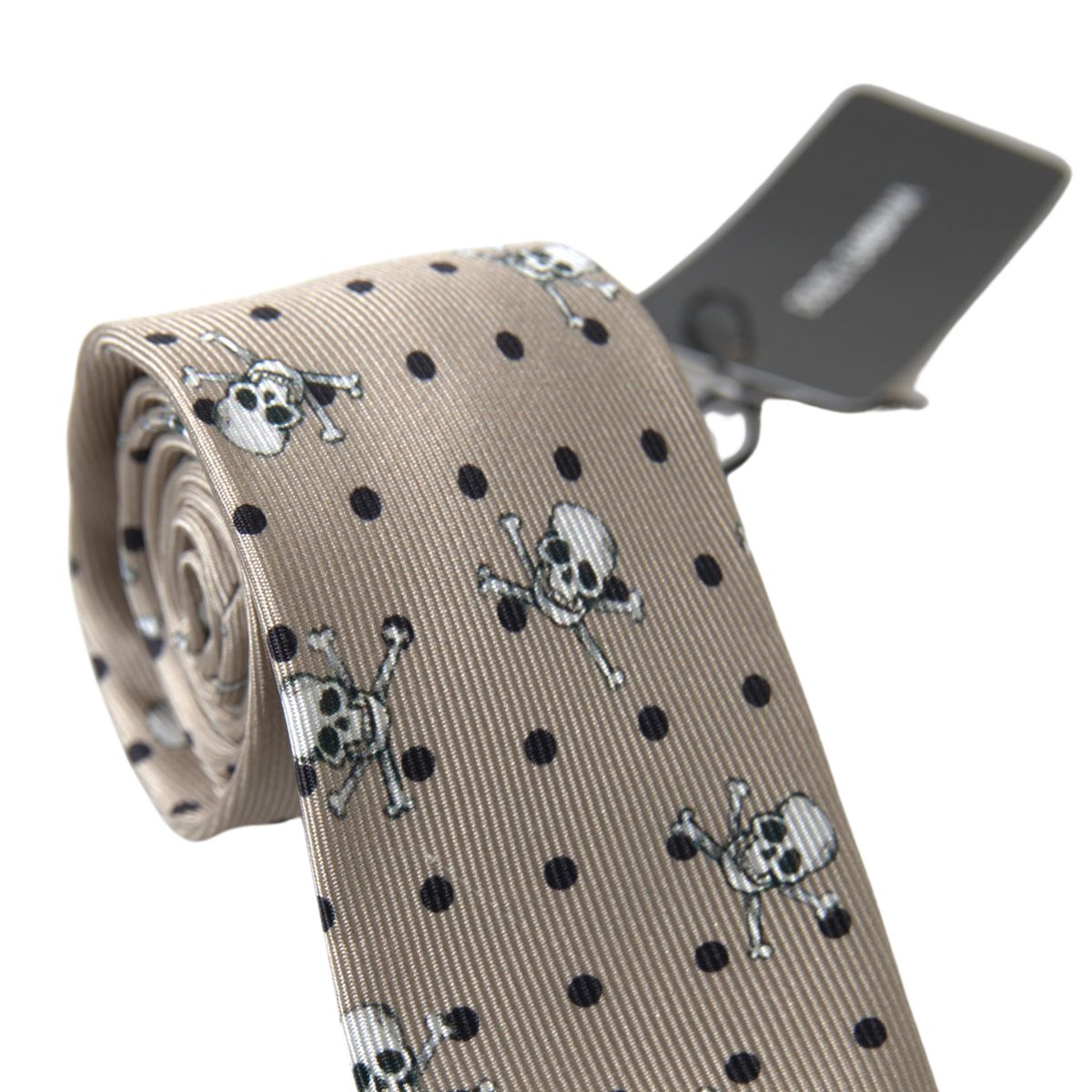 Beige Skull Cross Bone Print Adjustable Necktie Tie