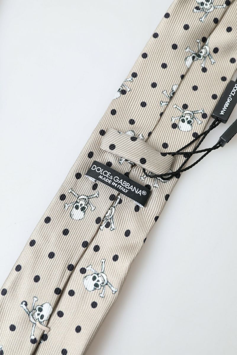 Beige Skull Cross Bone Print Adjustable Necktie Tie