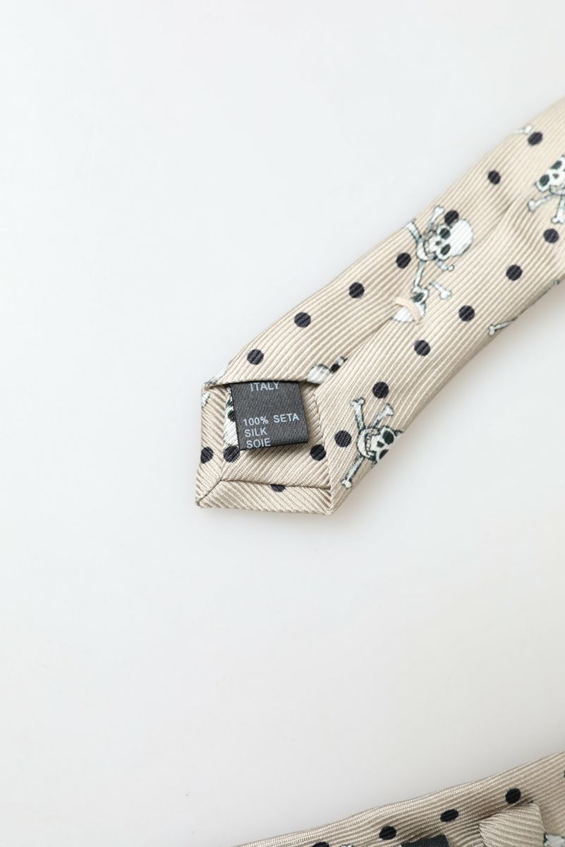 Beige Skull Cross Bone Print Adjustable Necktie Tie