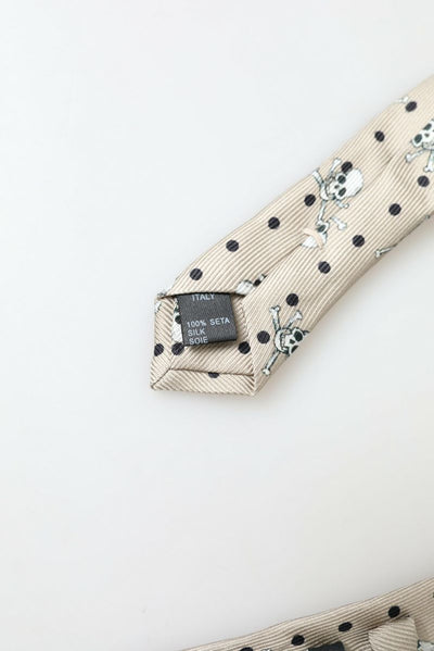 Beige Skull Cross Bone Print Adjustable Necktie Tie