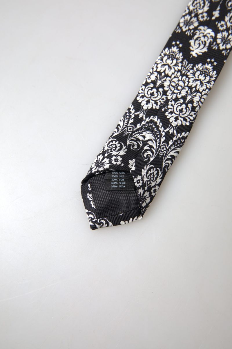 White Black Floral Print Adjustable Necktie Tie