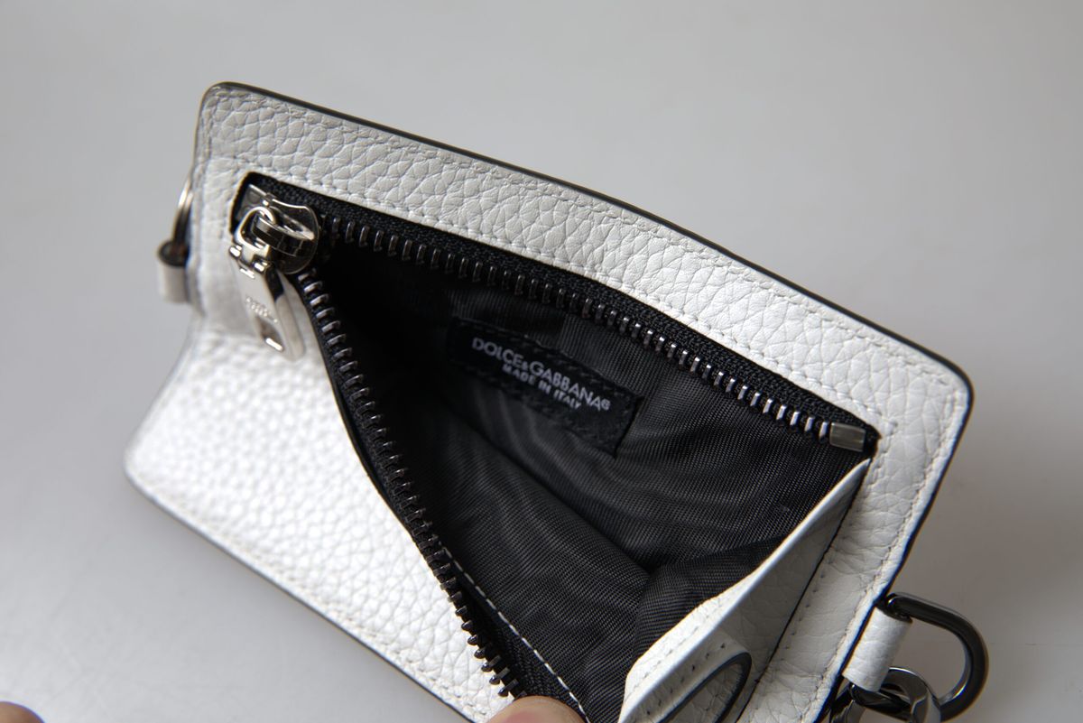 White Leather Lanyard Logo Card Holder Men Wallet