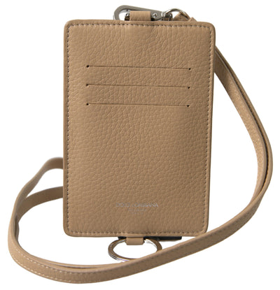 Beige Leather Lanyard Logo Card Holder Men Wallet