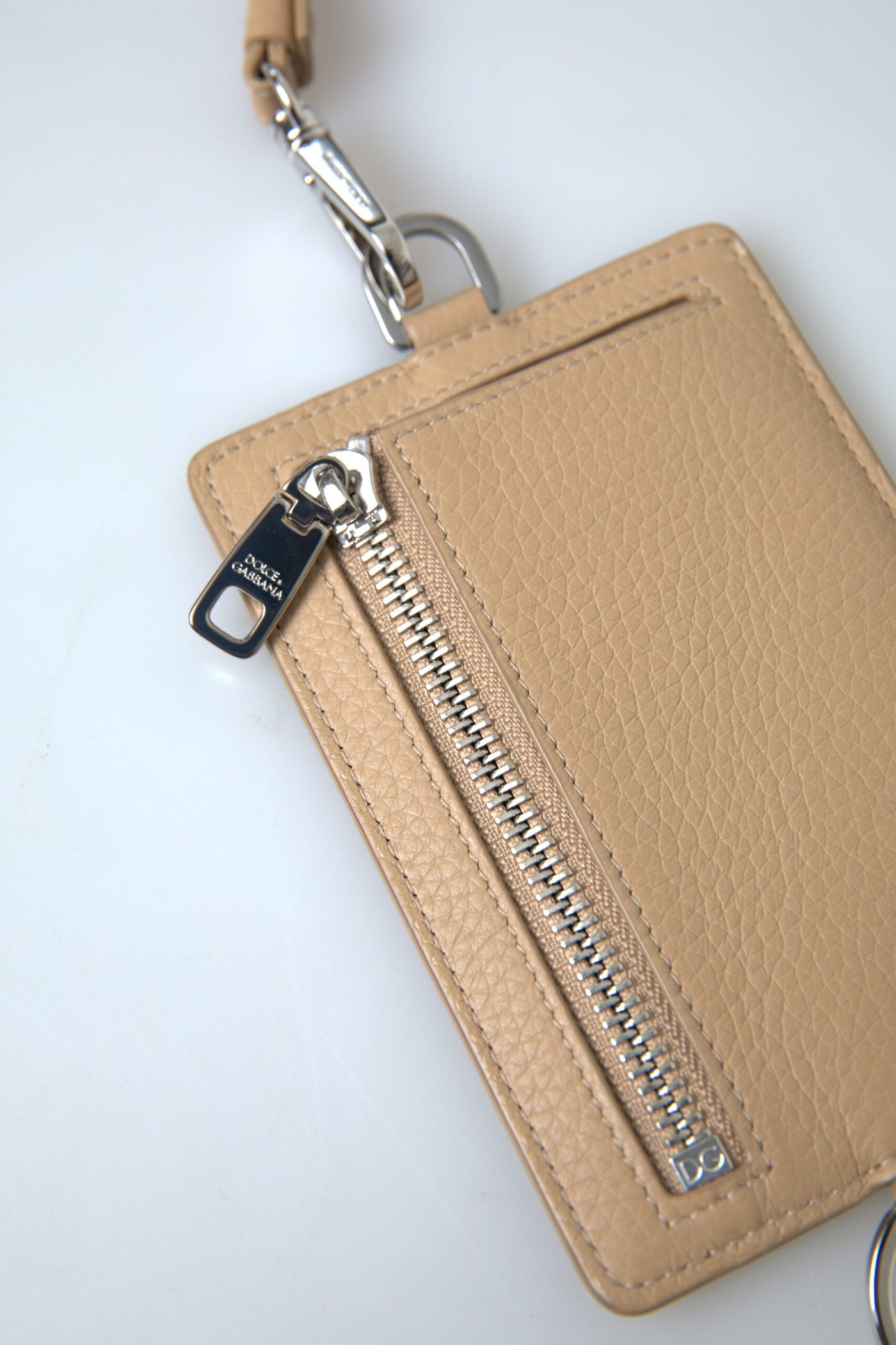 Beige Leather Lanyard Logo Card Holder Men Wallet