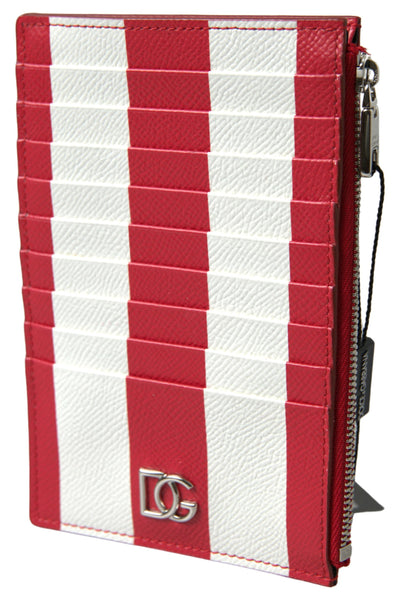 Red White Leather DG Logo Zip Card Holder Wallet