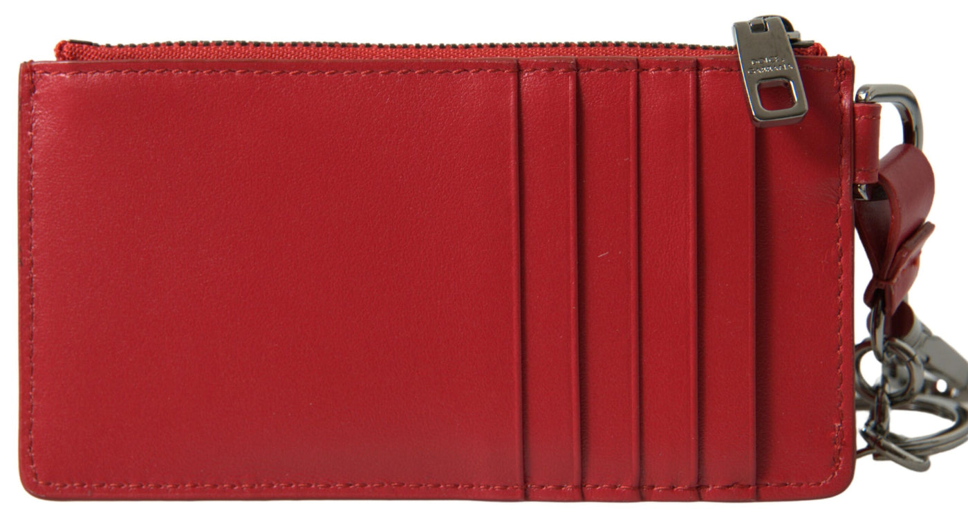 Red Leather Zip Card Holder Logo Men Keyring Wallet