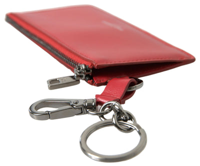 Red Leather Zip Card Holder Logo Men Keyring Wallet