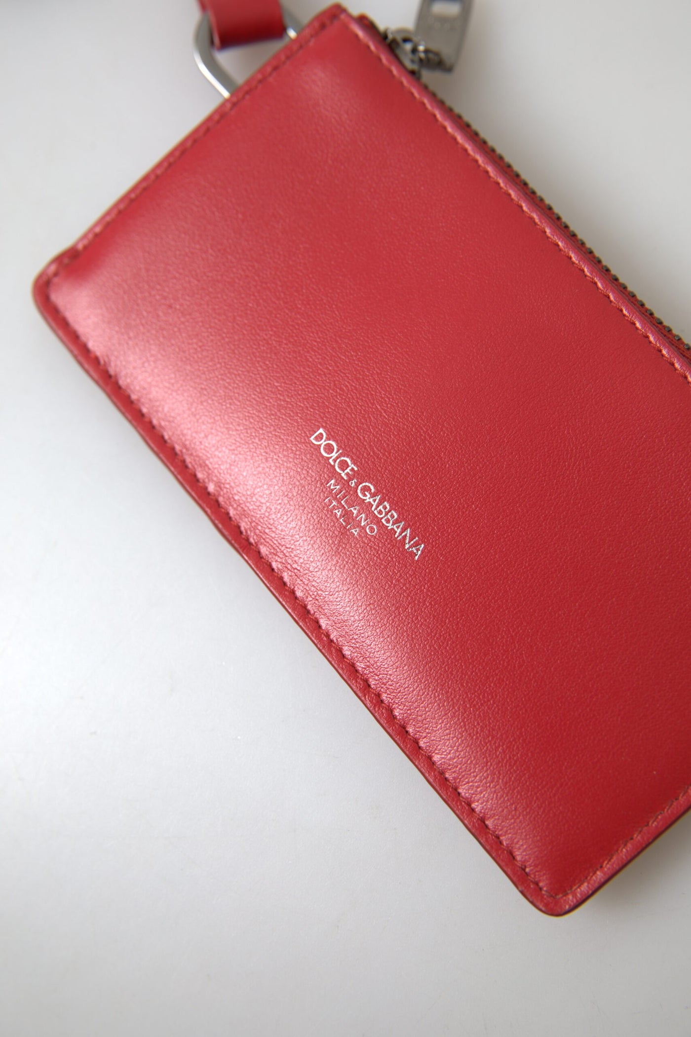 Red Leather Zip Card Holder Logo Men Keyring Wallet