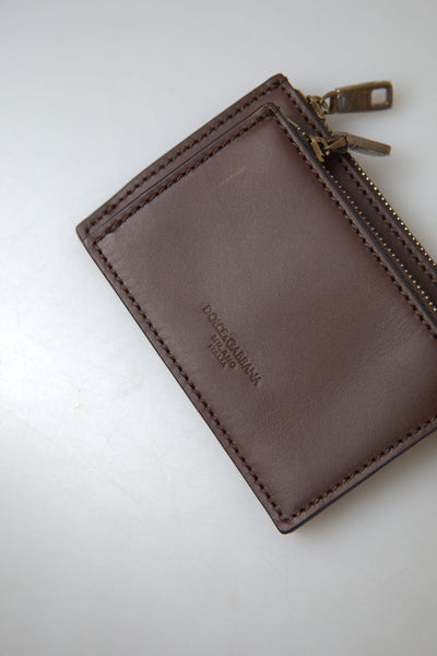 Brown Leather Zip Logo Keyring Coin Purse Wallet