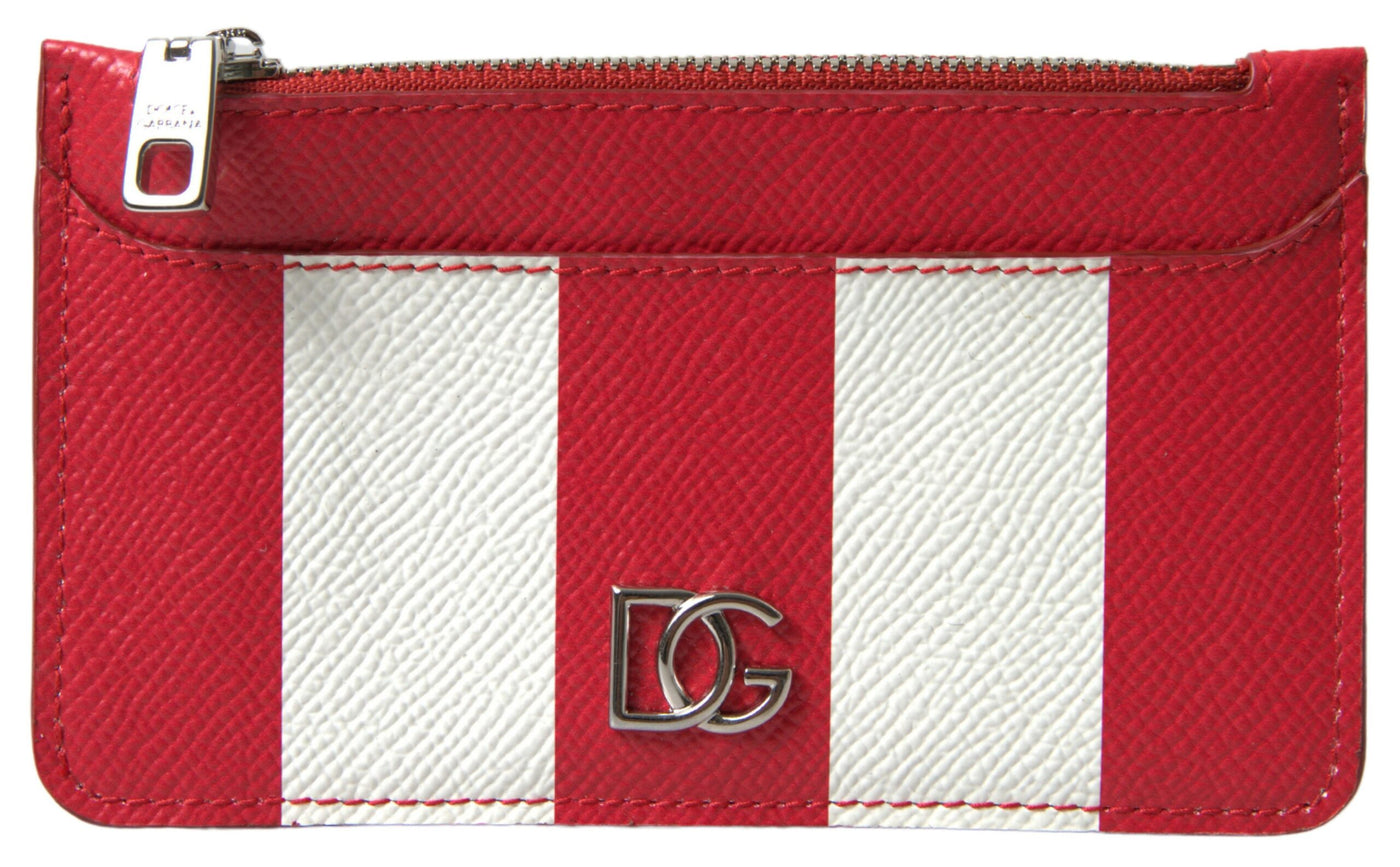 Red White Leather DG Logo Zip Card Holder Women Wallet