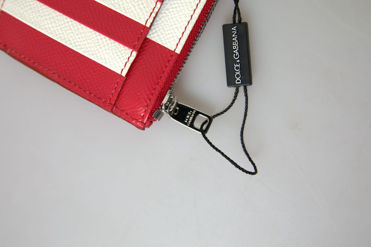 Red White Leather DG Logo Zip Card Holder Women Wallet