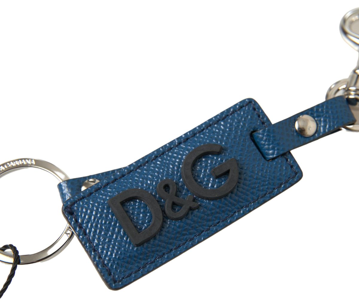 Blue Leather DG Logo Silver Tone Metal Keychain