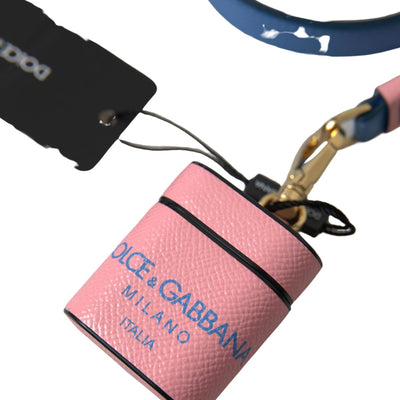 Pink Blue Calf Leather Logo Print Strap Airpods Case