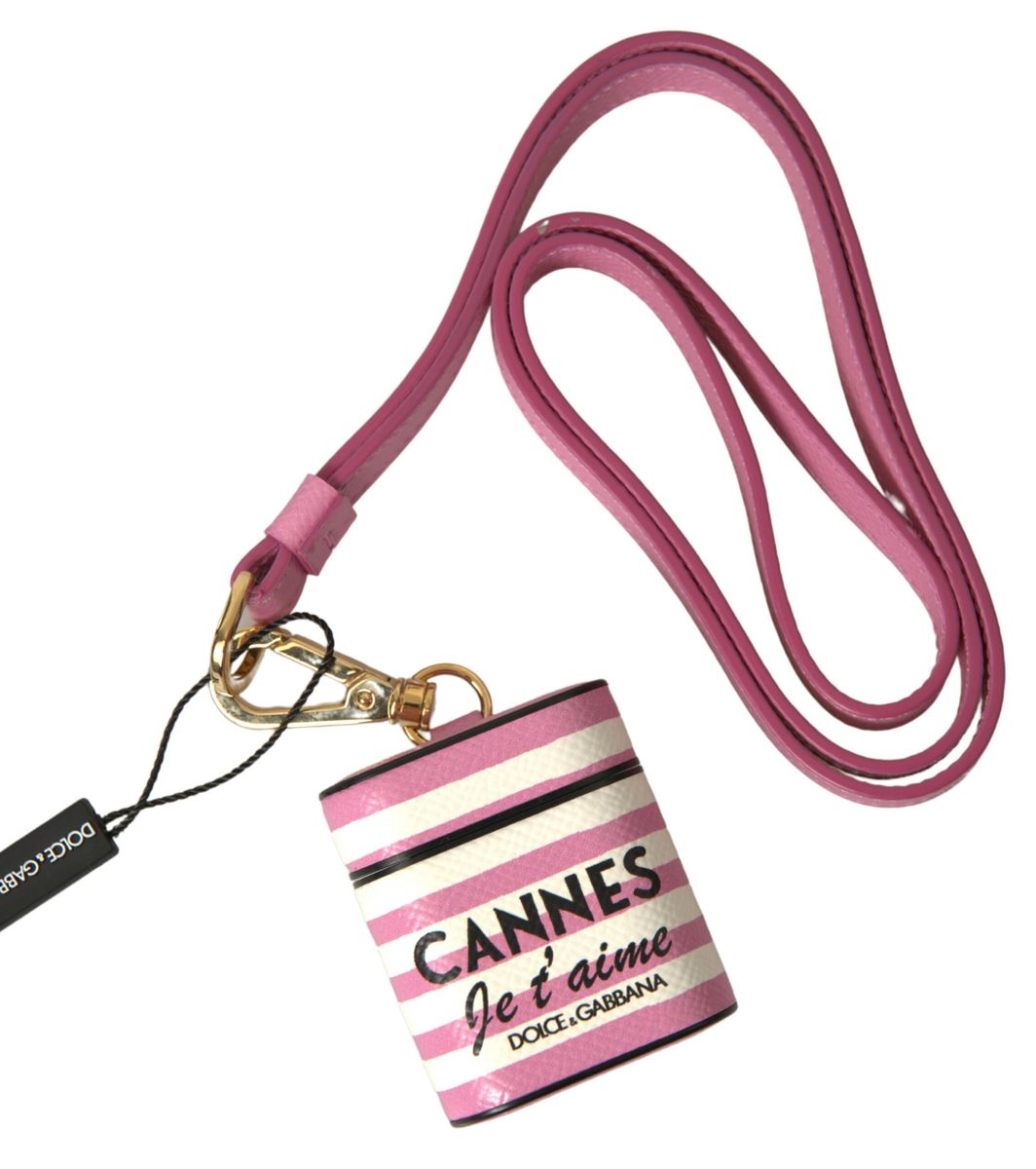 Pink Stripe Dauphine Leather Logo Print Strap Airpod Case