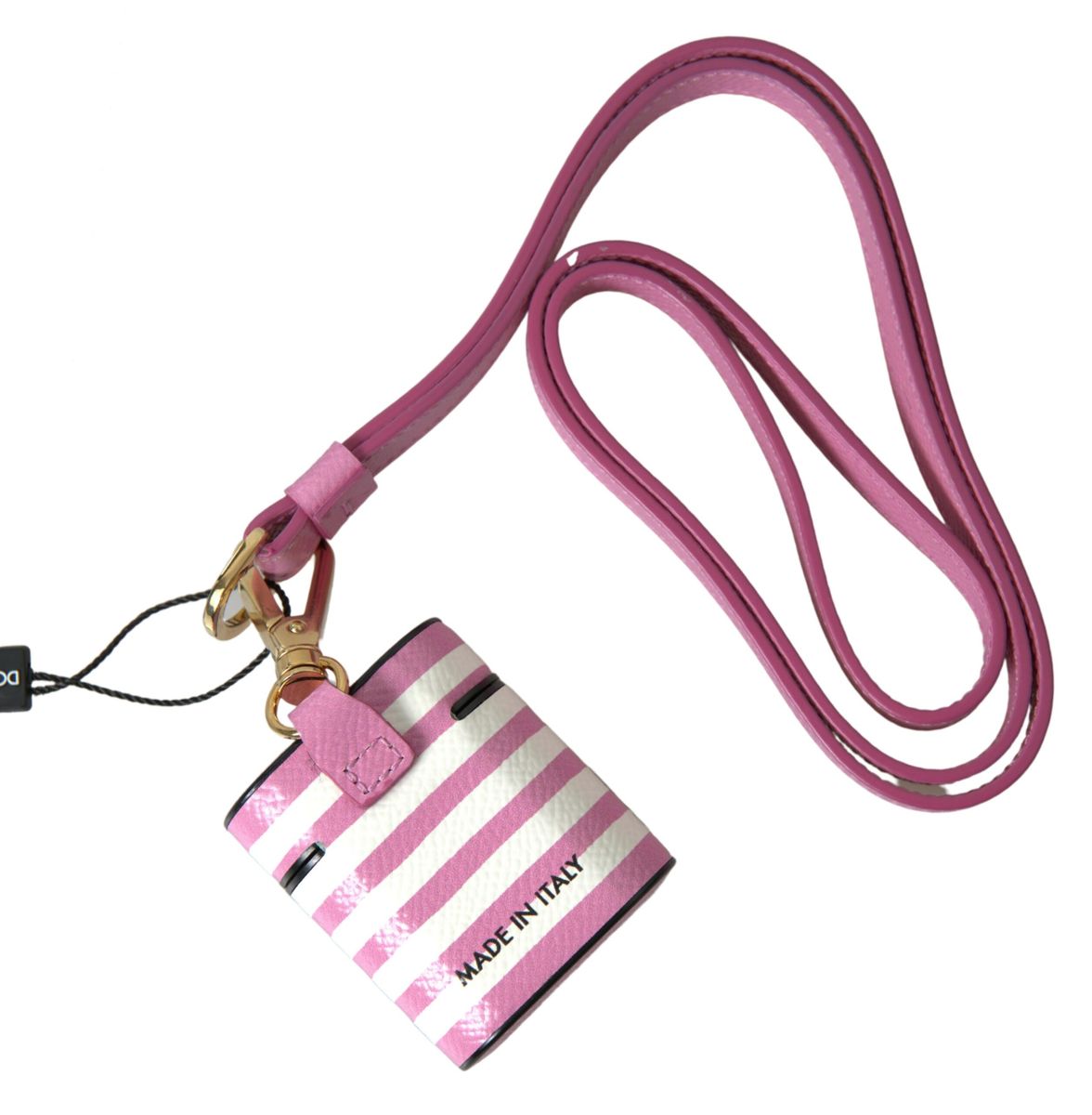 Pink Stripe Dauphine Leather Logo Print Strap Airpod Case