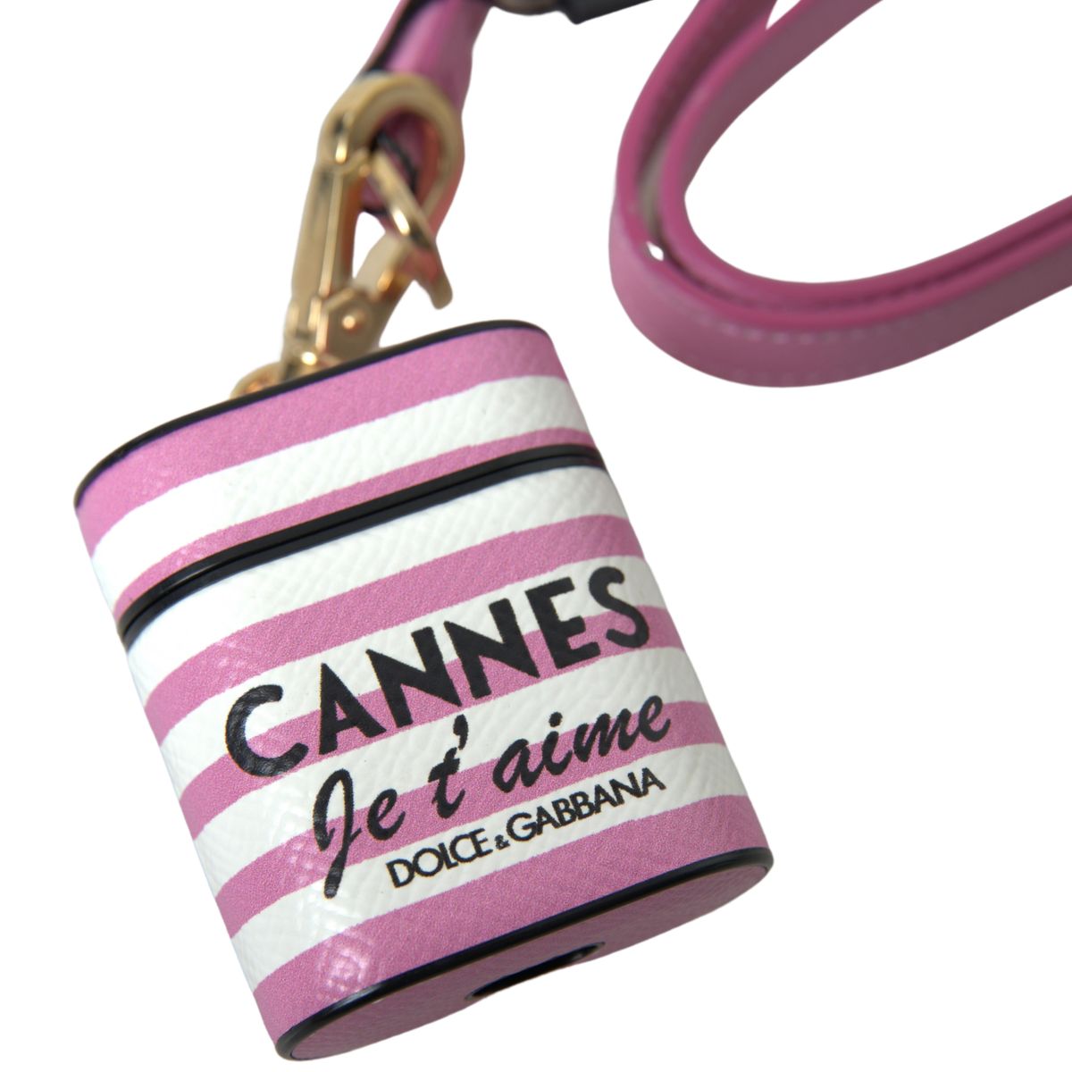 Pink Stripe Dauphine Leather Logo Print Strap Airpod Case