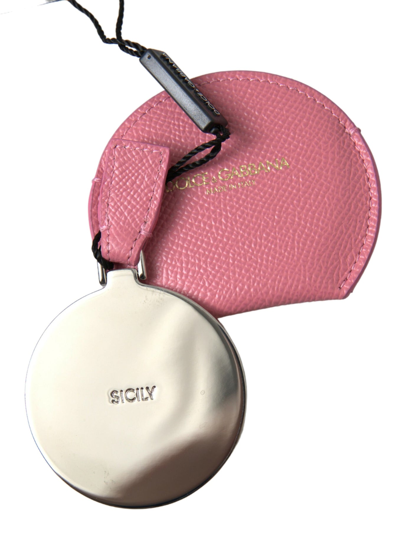 Pink Calfskin Leather Round Logo Print Hand Mirror Holder