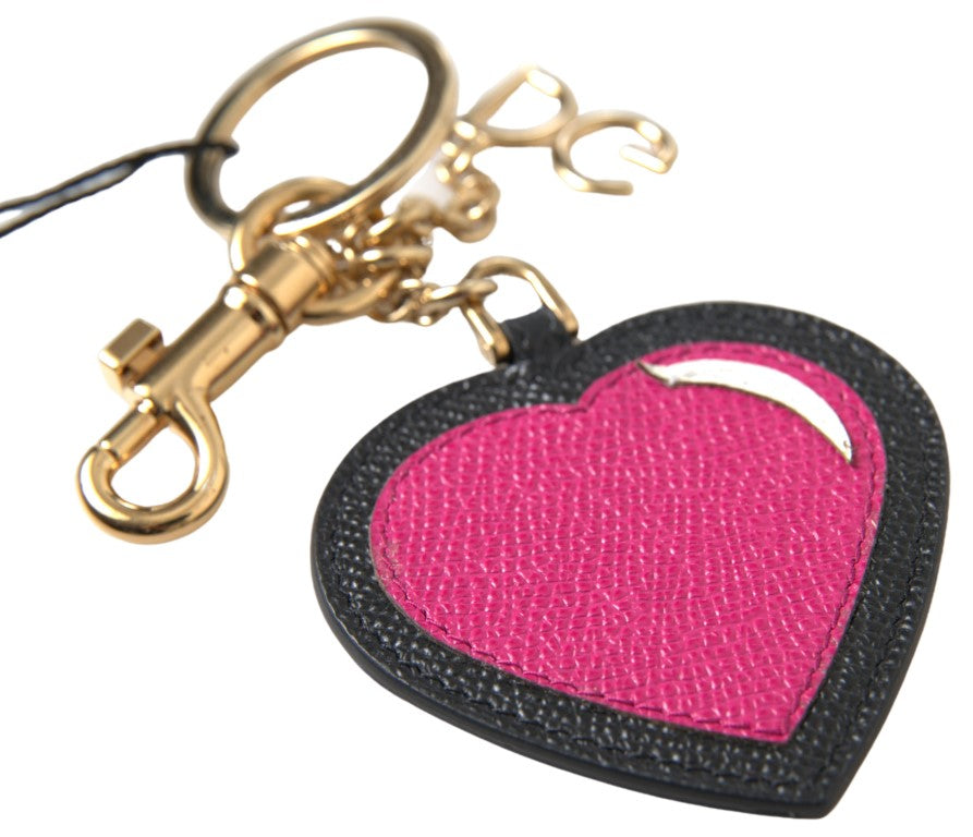 Black Fuchsia Heart Leather Gold Metal Keyring Keychain