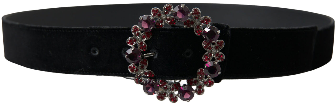 Black Velvet Floral Crystal Buckle Belt