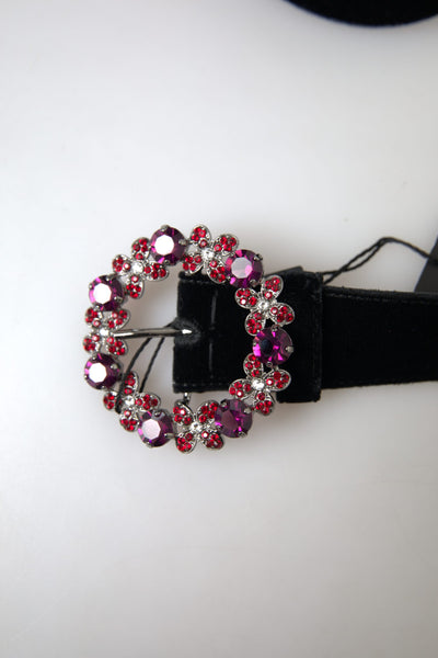 Black Velvet Floral Crystal Buckle Belt