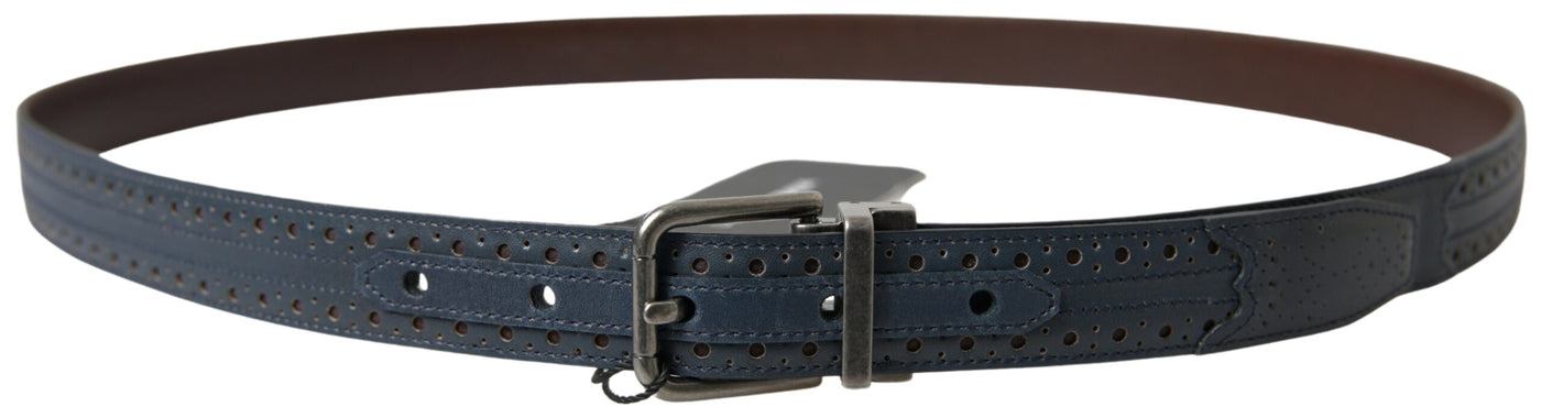 Blue Leather Perforated Metal Buckle Belt