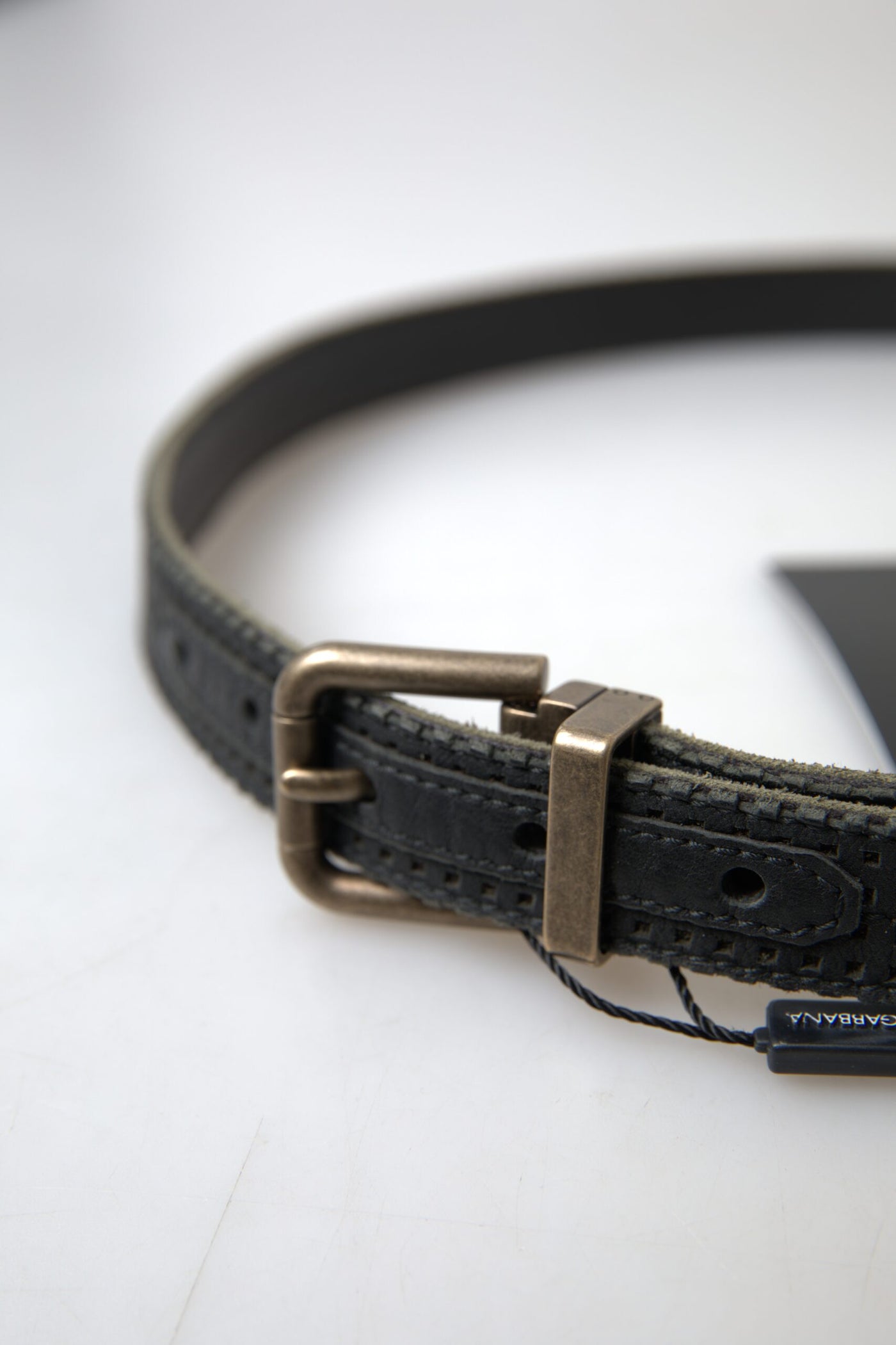 Black Leather Perforated Gold Buckle Belt