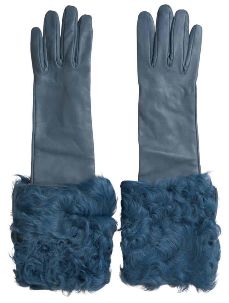 Blue Leather Fur Mid Arm Length Gloves