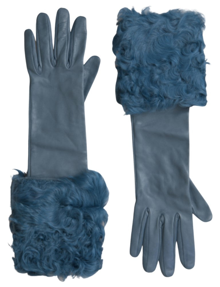 Blue Leather Fur Mid Arm Length Gloves