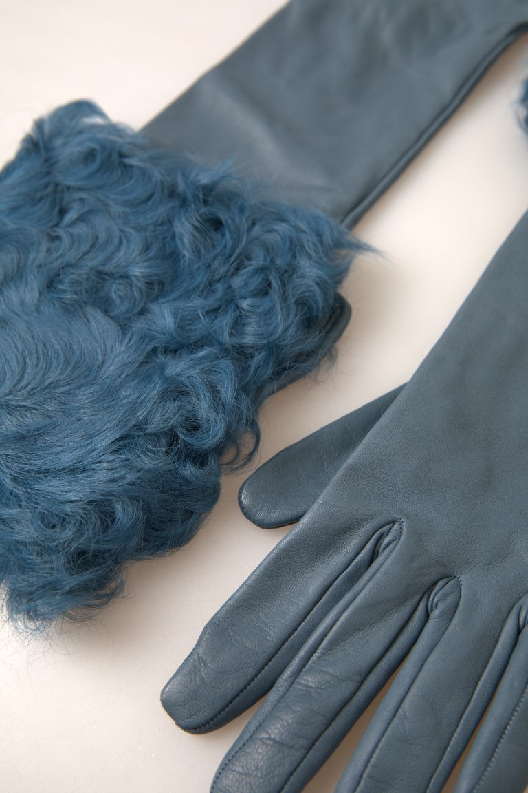 Blue Leather Fur Mid Arm Length Gloves