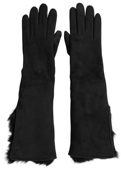 Black Leather Fur Elbow Length Gloves