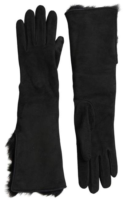 Black Leather Fur Elbow Length Gloves