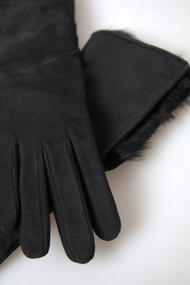 Black Leather Fur Elbow Length Gloves