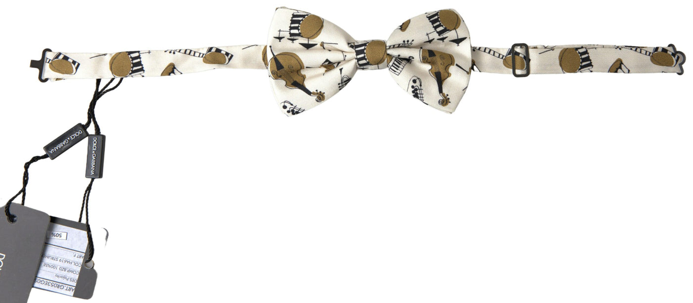 Beige Musical Instrument Print Neck Papillon Bow Tie