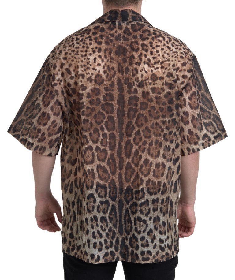 Brown Leopard Print Collared Men Top Shirt