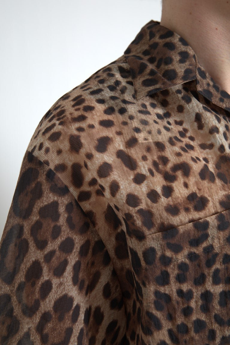 Brown Leopard Print Collared Men Top Shirt