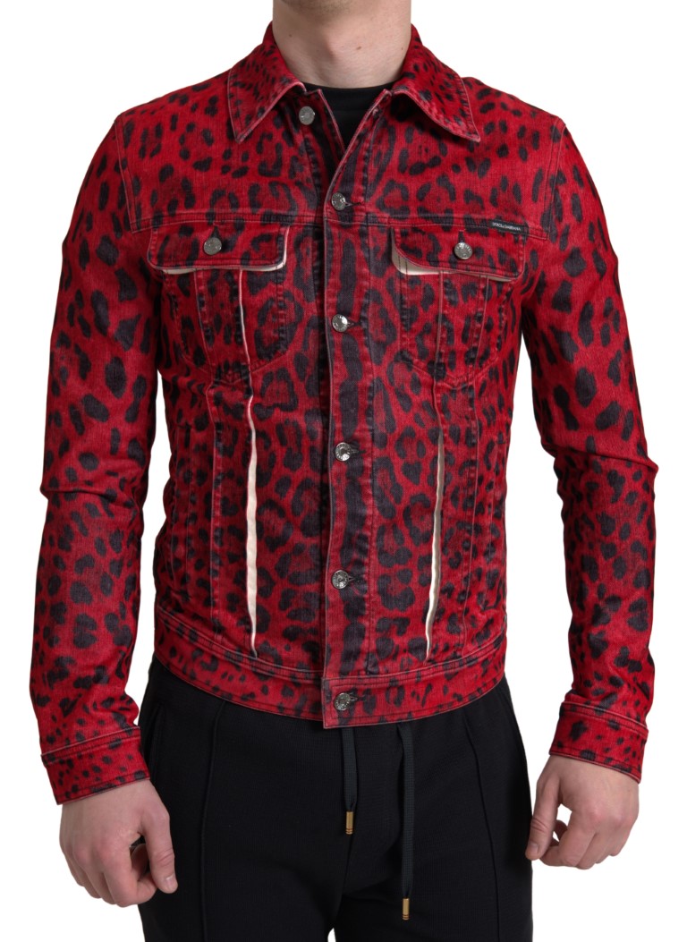 Red Leopard Cotton Collared Denim Jacket