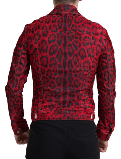 Red Leopard Cotton Collared Denim Jacket