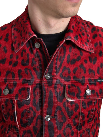 Red Leopard Cotton Collared Denim Jacket