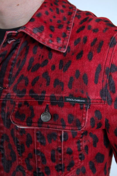 Red Leopard Cotton Collared Denim Jacket